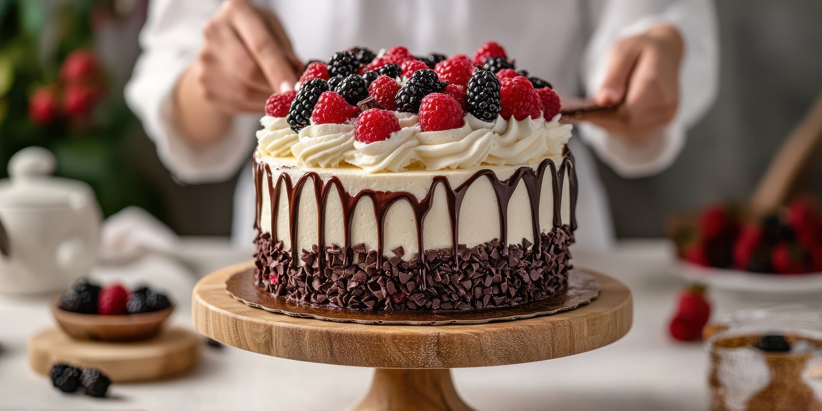 Delicious chocolate and berry cake being decorated in a cozy kitchen setting during the day